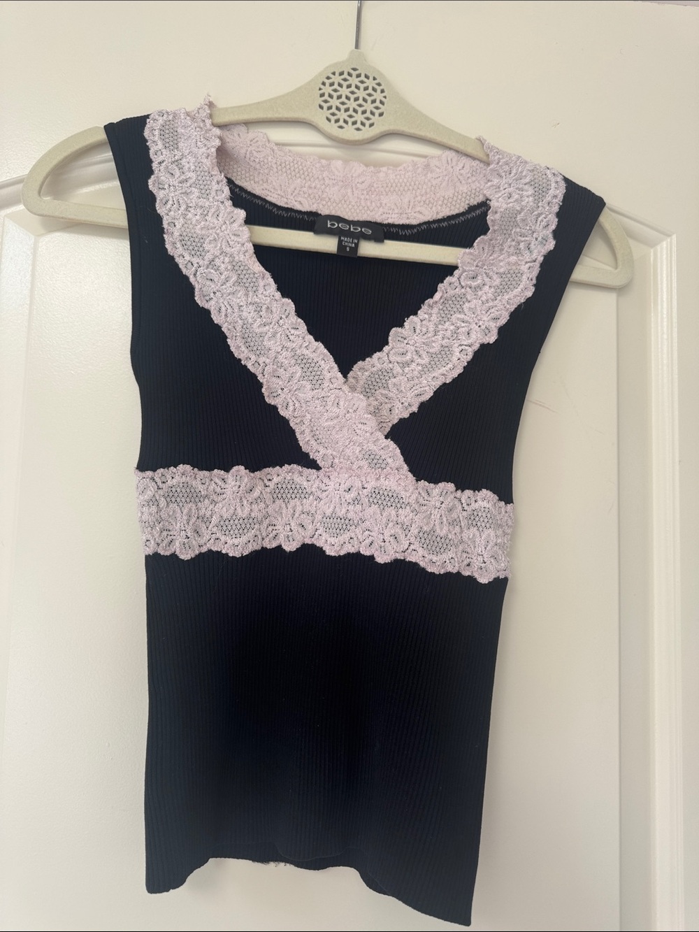 bebe Black Ribbed Tank with Light Pink Lace Trim